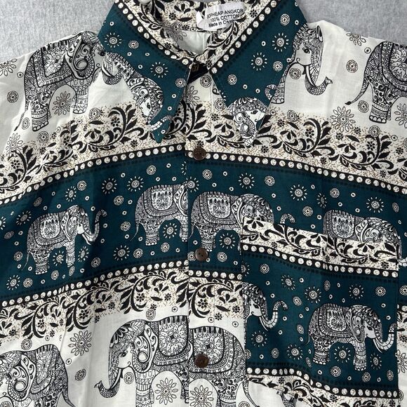 Sopheap Angkor Mens XL Elephant Print Green Ivory Button up Shirt woven - Picture 9 of 15